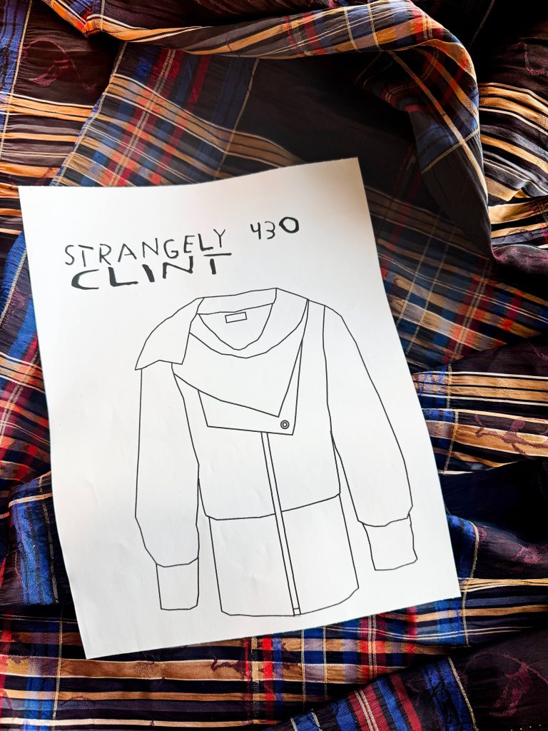 CLINT 430 plaid jacket design with oversized asymmetric collar, brown rib waistband and cuffs