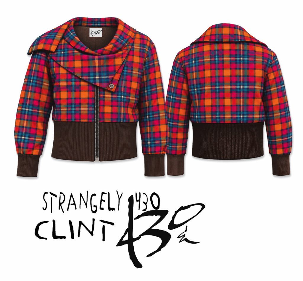 CLINT 430 plaid jacket design with oversized asymmetric collar, brown rib waistband and cuffs
